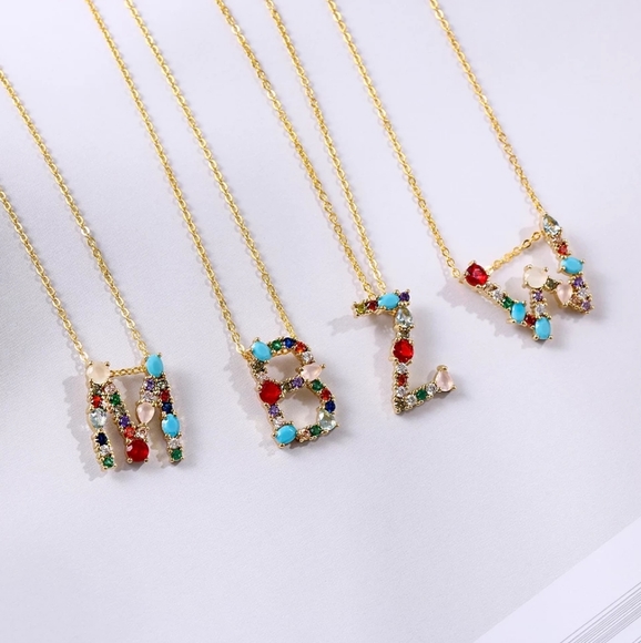 Boho Stone A-Z Initial Pendant Gold Pave Necklace - Picture 4 of 8